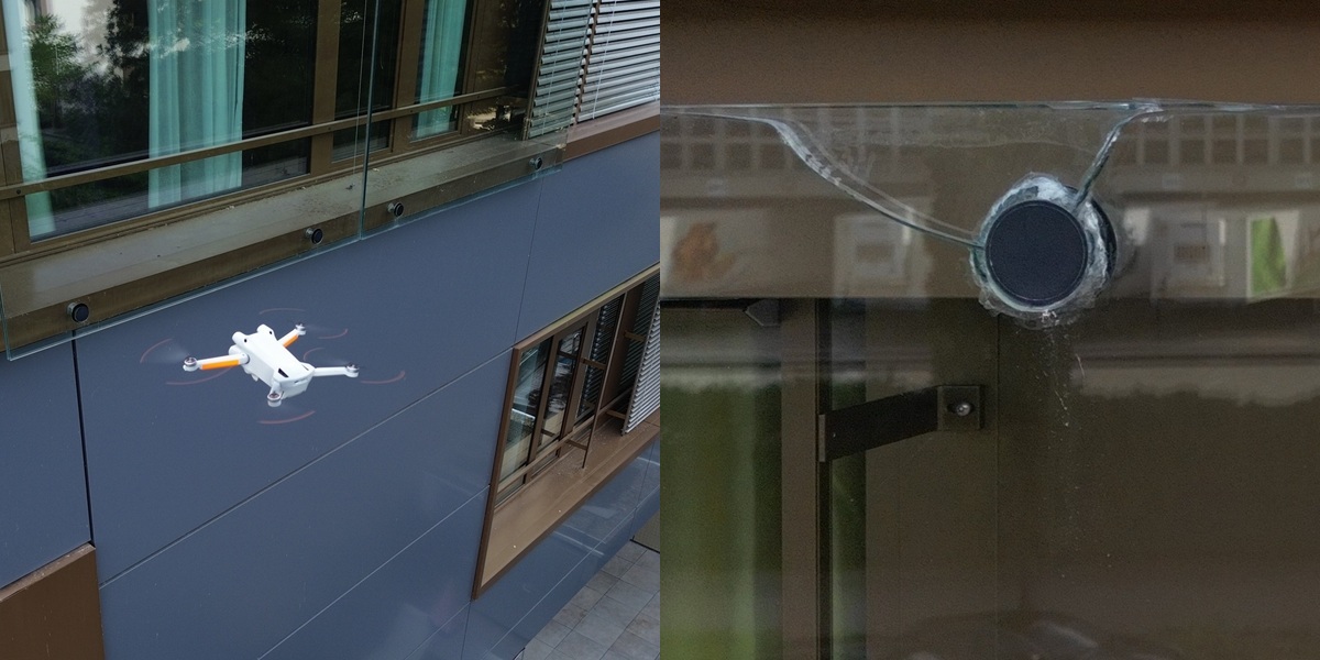 Das Bild zeigt eine Drohne, die eine Fassade inspiziert