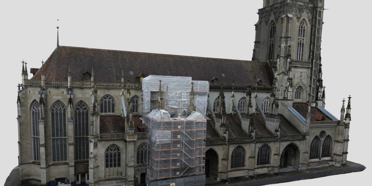 Das Bild zeigt ein digitales 3D-Modell des Berner Münsters