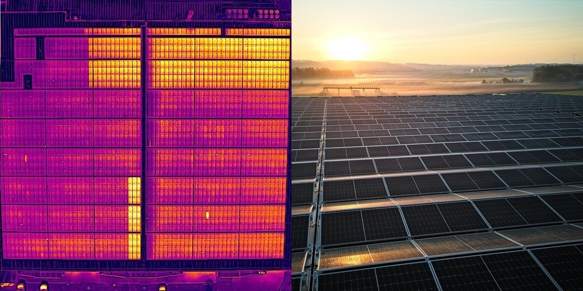 Solarzellen auf einem Gebäude mit Sonne im Hintergrund