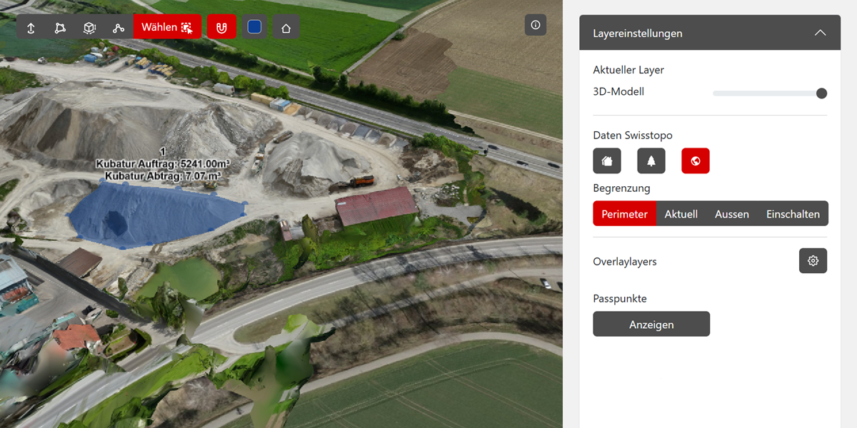 Digitales 3D-Modell zeigt eine Kiesdeponie aus der Luft